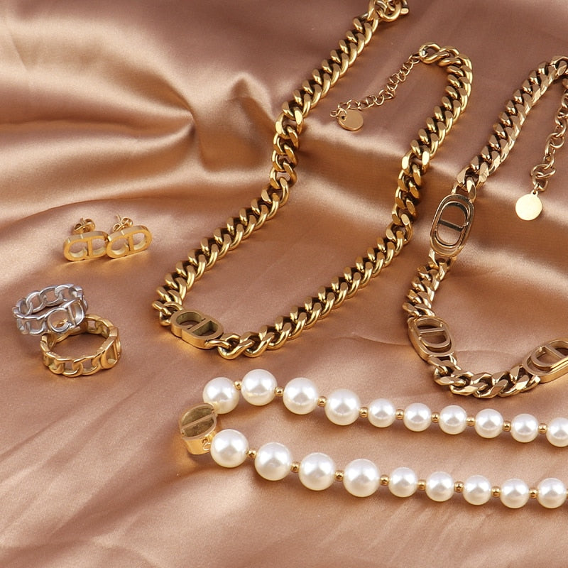 Thick Chain Choker Necklace Women's Stainless Steel Necklace Euramerican Punk Letter Pearl Necklaces For Women Jewelry Gift