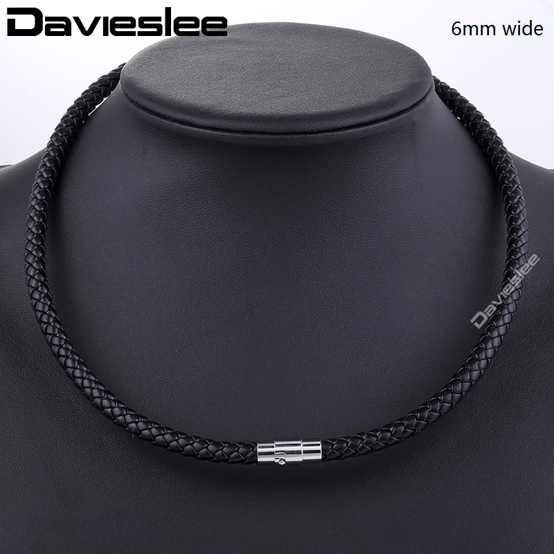 Thin Brown Black Braided Cord Rope Man Made Leather Necklace for Men Chocker Silver Tone Stainless Steel Clasp 4/6/8mm LUNM09