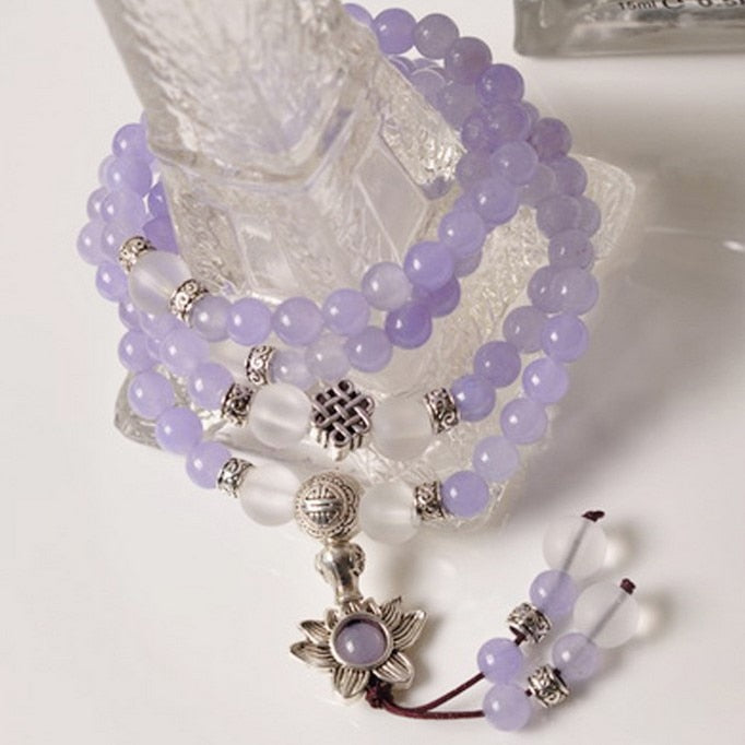 Three Colors Natural Crystal Bracelet with Lotus Pendant Purple Blue Pinky Crystal Korea Fashion Prayer Beads with Tassels