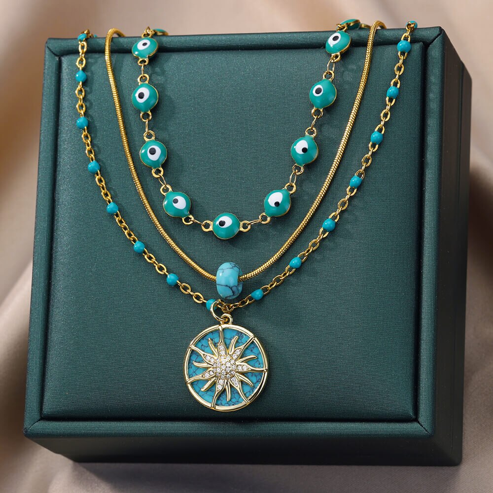 Three Layer Sun Pendant Necklace for Women Lucky Stainless Steel Evil Eye Necklace Wedding Aesthetic Boho Jewelry collares mujer