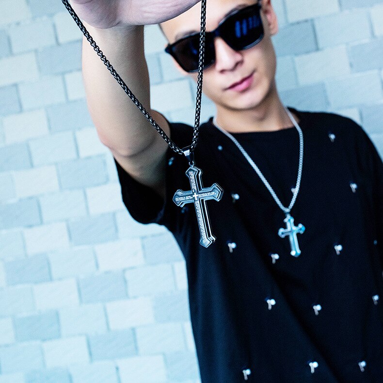 Three-layer cross bible necklace titanium steel casual men's faith necklace jewelry