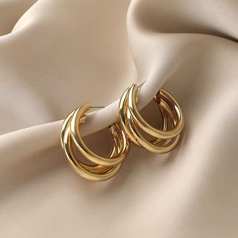 Three-ring Hoop Earrings For Women Modern Gold Color Circle Earring 2023 Trendy Korean Jewelry boucle oreille femme