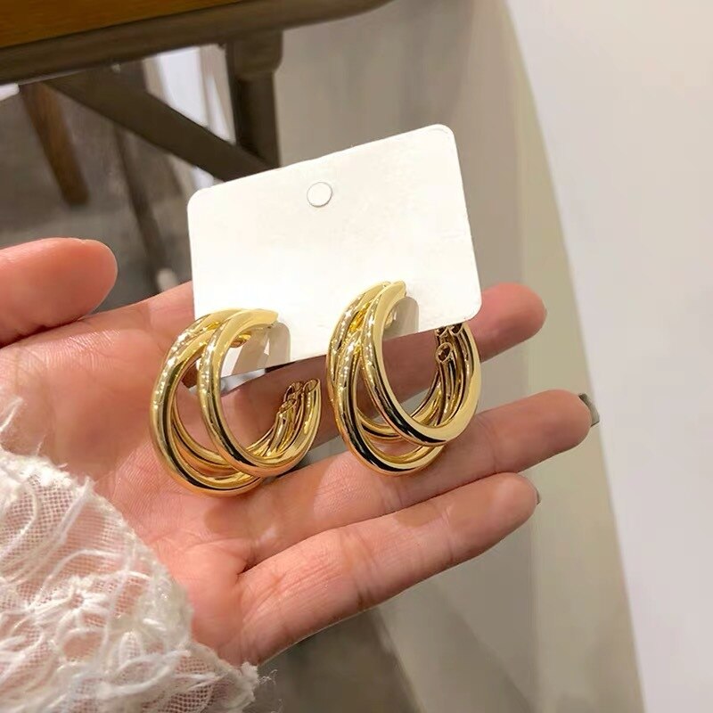 Three-ring Hoop Earrings For Women Modern Gold Color Circle Earring 2023 Trendy Korean Jewelry boucle oreille femme