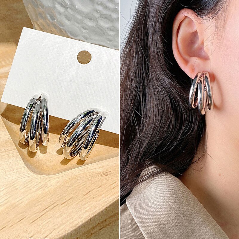 Three-ring Hoop Earrings For Women Modern Gold Color Circle Earring 2023 Trendy Korean Jewelry boucle oreille femme