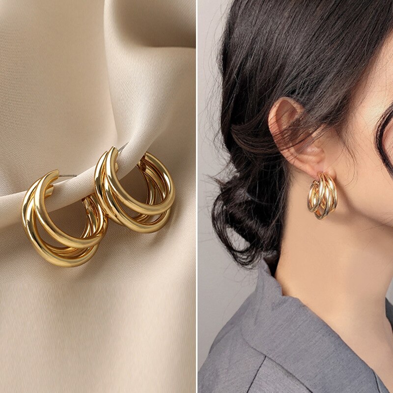 Three-ring Hoop Earrings For Women Modern Gold Color Circle Earring 2023 Trendy Korean Jewelry boucle oreille femme