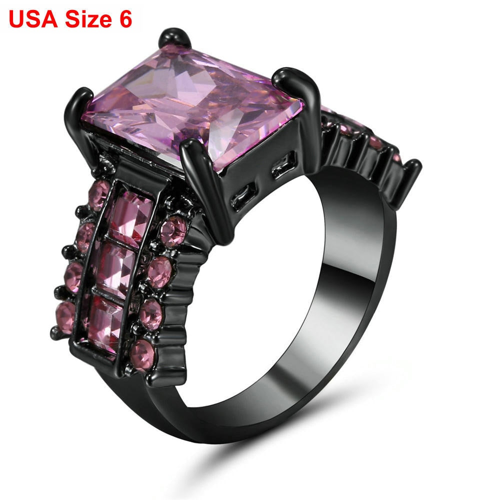 Luxury Wedding black pink Stone Rings with Big Square Zircon Silver Black Color Ring Large Design Jewelry Women Gift
