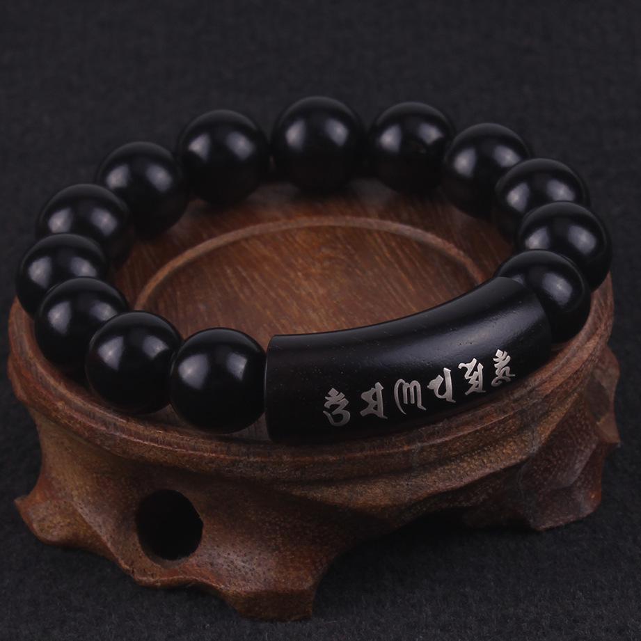Tibetan Buddhist Ebony Prayer Beads Mala Buddha Bracelet 999 Sterling Silver Om Mani Padme Hum Carving Shurangama Mantra Jewelry