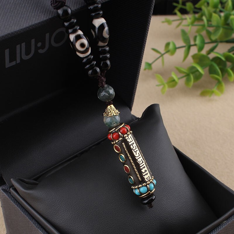 Tibetan Buddhist Handmade Simple Rope Chain Mantra Sign Six Words Pendant Necklace Buddhism Three Eyes Dzi Beads Amulet Necklace