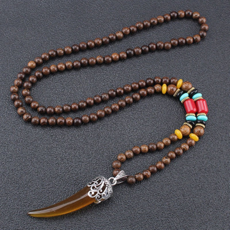 Tibetan Buddhist Mala Wood Beads Necklace Vintage Nepal Charm Ox Horn Pendant Necklace Women Meditation Rosary Necklace Dropship