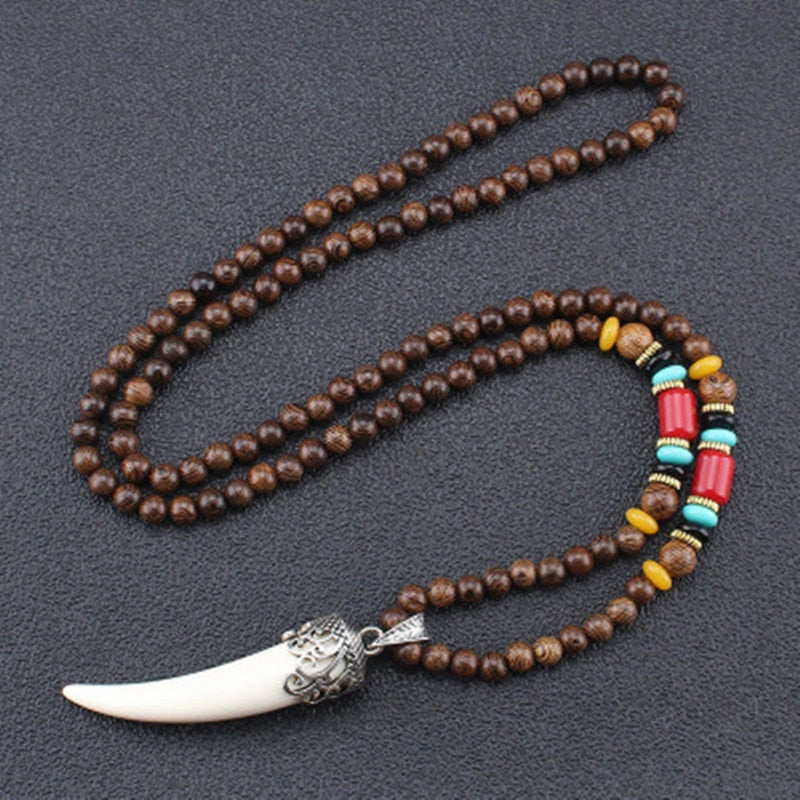 Tibetan Buddhist Mala Wood Beads Necklace Vintage Nepal Charm Ox Horn Pendant Necklace Women Meditation Rosary Necklace Dropship