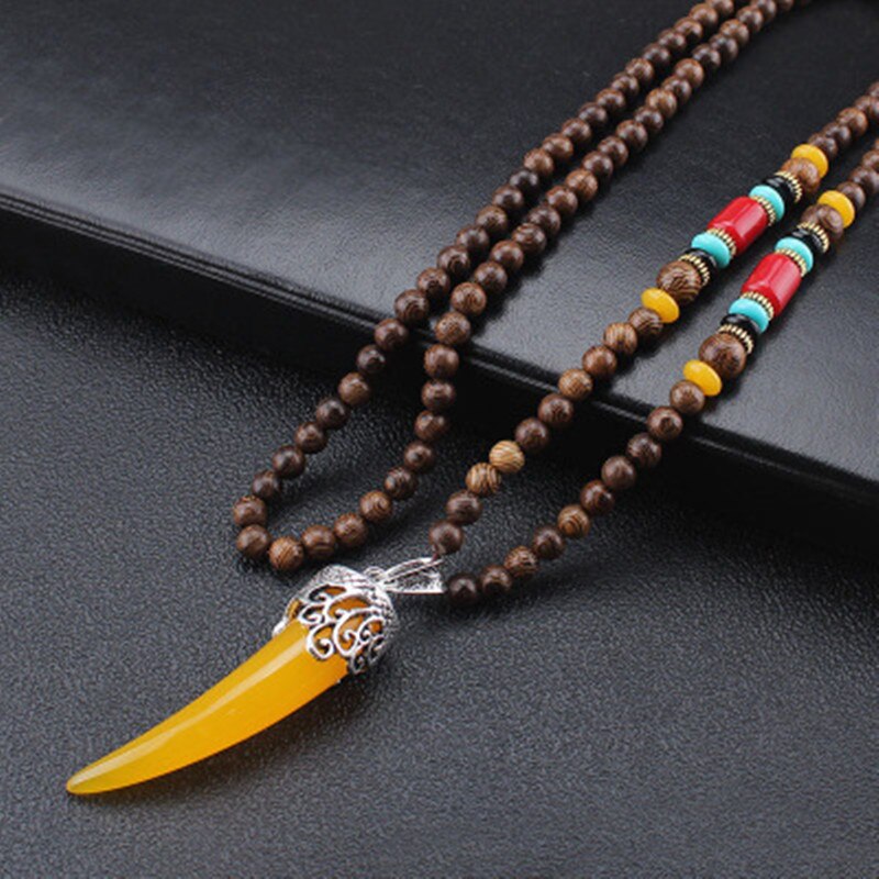 Tibetan Buddhist Mala Wood Beads Necklace Vintage Nepal Charm Ox Horn Pendant Necklace Women Meditation Rosary Necklace Dropship