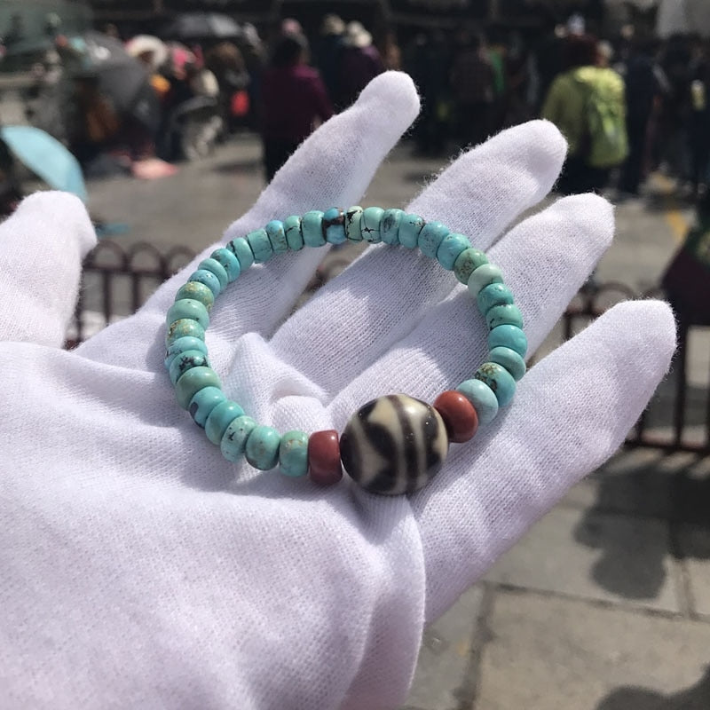 Tibetan Dzi Tiger Teeth Beads Turquoise Bracelet Evil Dzi Beads Daguang Temple