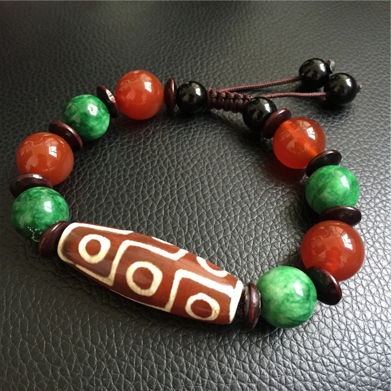 Tibetan Natural Nine Eyes Bracelet Green GanQin Beads Natural Stones Ethnic Style Fashion and Protective Fengshui Dzi Beads