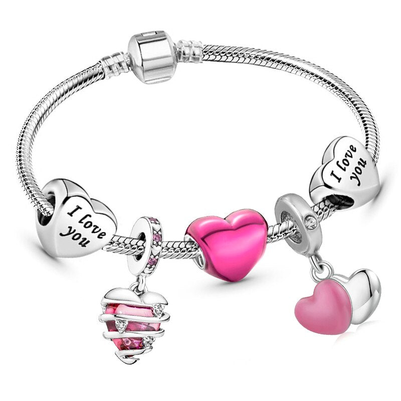 Tibetan Silver Love Heart Charm Bracelet For Women Wife Silver Color I LOVE YOU Crystal Beads Bracelets &amp; Bangle Pulsera Jewelry