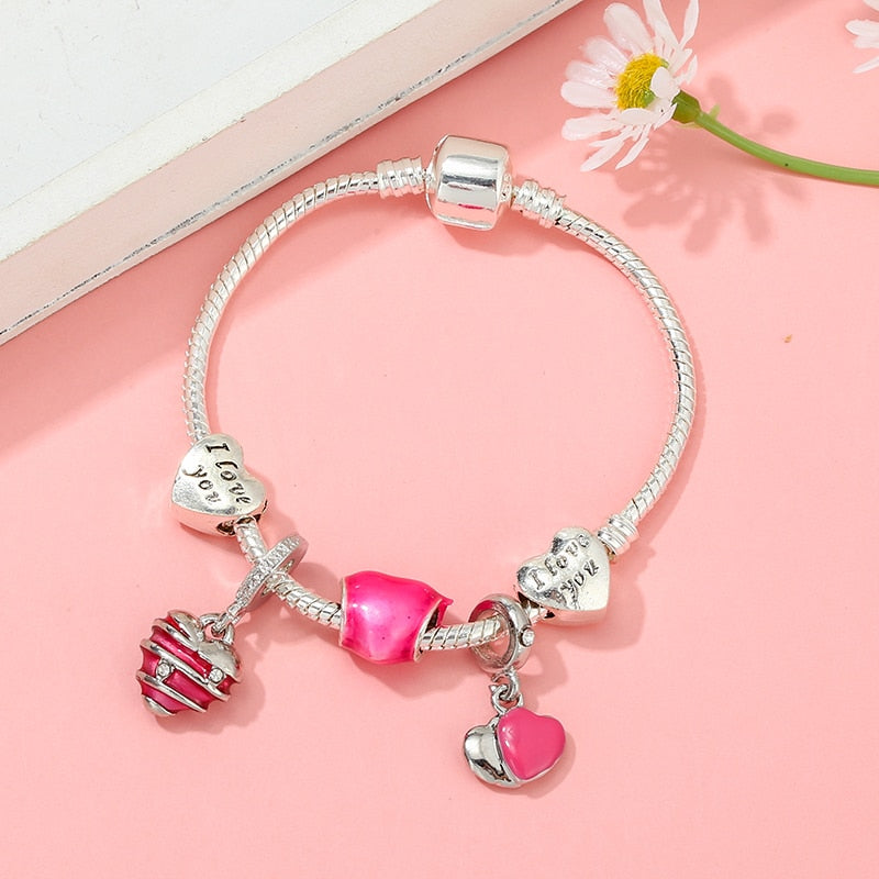Tibetan Silver Love Heart Charm Bracelet For Women Wife Silver Color I LOVE YOU Crystal Beads Bracelets &amp; Bangle Pulsera Jewelry