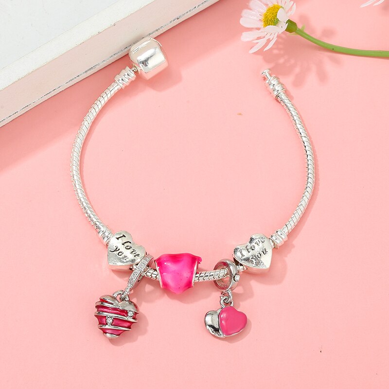 Tibetan Silver Love Heart Charm Bracelet For Women Wife Silver Color I LOVE YOU Crystal Beads Bracelets &amp; Bangle Pulsera Jewelry