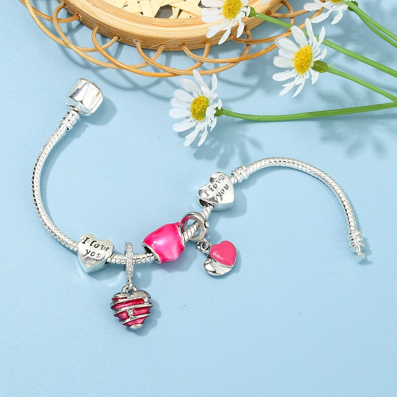 Tibetan Silver Love Heart Charm Bracelet For Women Wife Silver Color I LOVE YOU Crystal Beads Bracelets &amp; Bangle Pulsera Jewelry