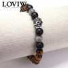 Tiger Eye beaded 925 Sterling Silver Black Zirconia skull bead Bracelet For Women & Men Trendy Gift European thomas Style Cool