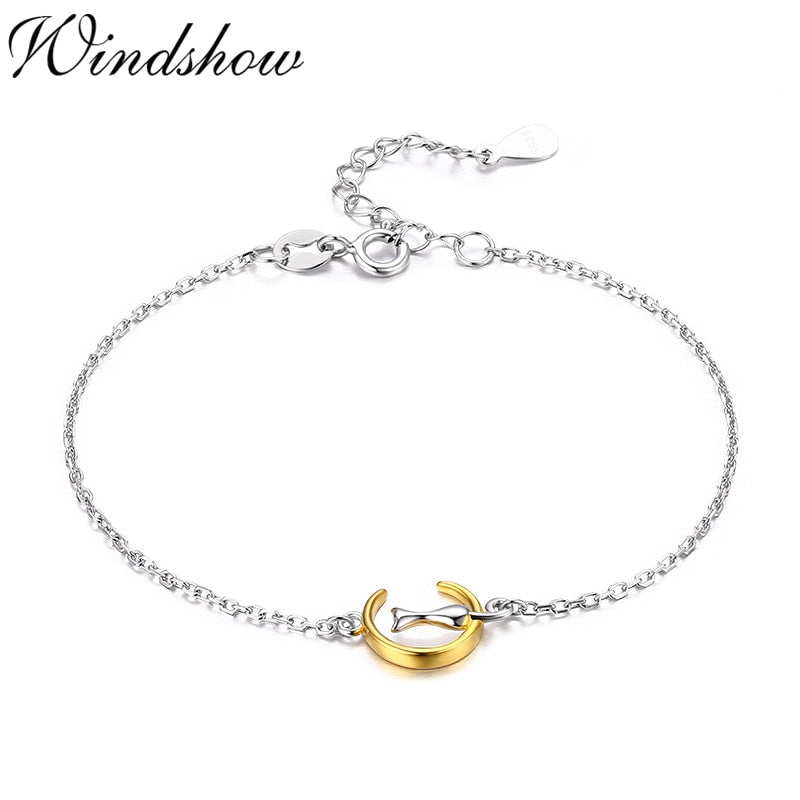 Tiny 925 Sterling SIlver Chain Moon Cat Gatos Charm Bracelets for Women Girls Jewery bracciali donna brazaletes pulseras mujer