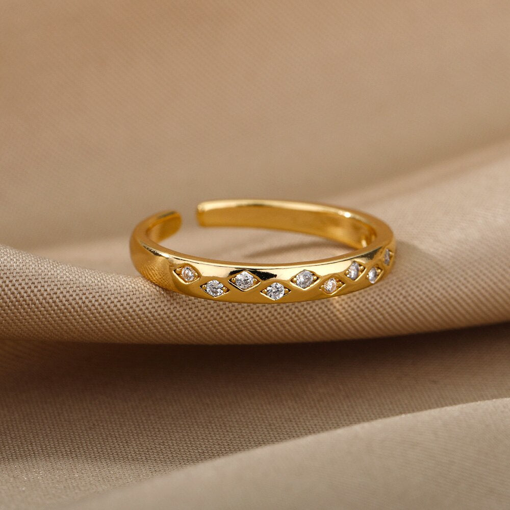 Tiny Cubic Zirconia Evil Eye Rings For Women Stainless Steel Gold Color Couple Ring Female Zircon Crystal Jewelry anillos