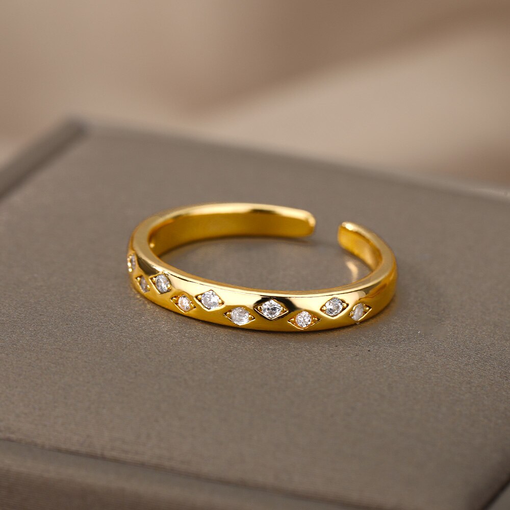 Tiny Cubic Zirconia Evil Eye Rings For Women Stainless Steel Gold Color Couple Ring Female Zircon Crystal Jewelry anillos