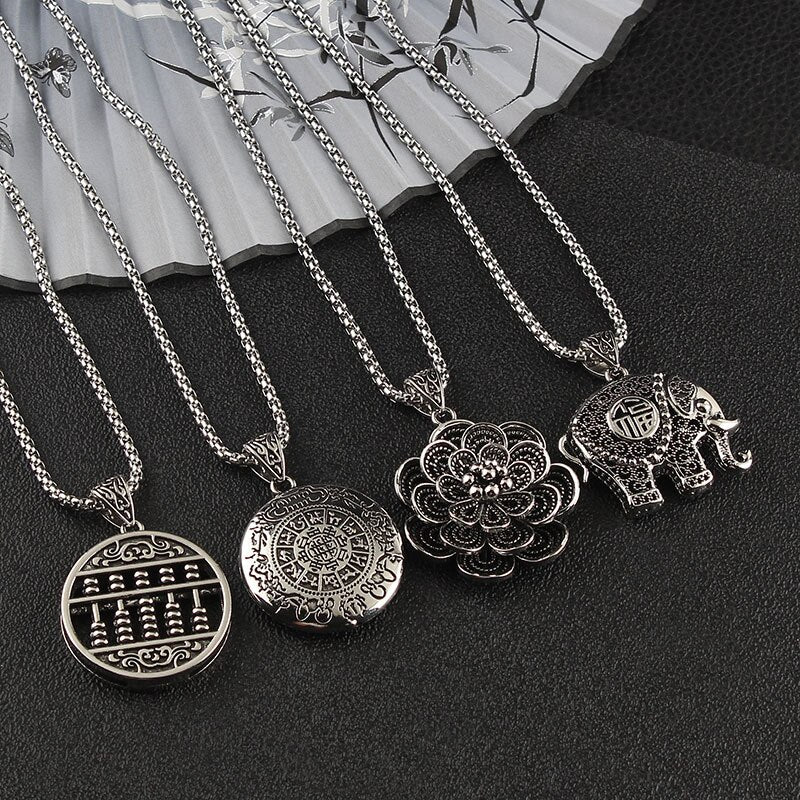 Titanium Steel Chains Vintage Tibetan Silver Pendant Jewelry Ethnic Elephant God Lotus Abacus fate Nepal Vintage Necklace