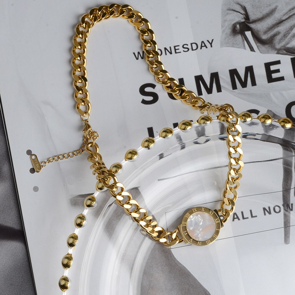 Titanium Steel Choker Roman Numerals Necklace Collar Statement Hip Hop Big Chunky Gold Color Thick Chain Necklace Women Jewelry