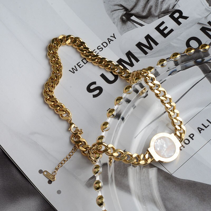 Titanium Steel Choker Roman Numerals Necklace Collar Statement Hip Hop  Chunky Gold Color Thick брелок для ключей Women Jewelry