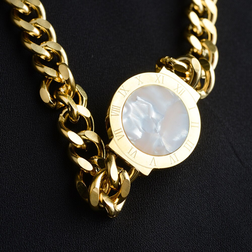 Titanium Steel Choker Roman Numerals Necklace Collar Statement Hip Hop  Chunky Gold Color Thick брелок для ключей Women Jewelry