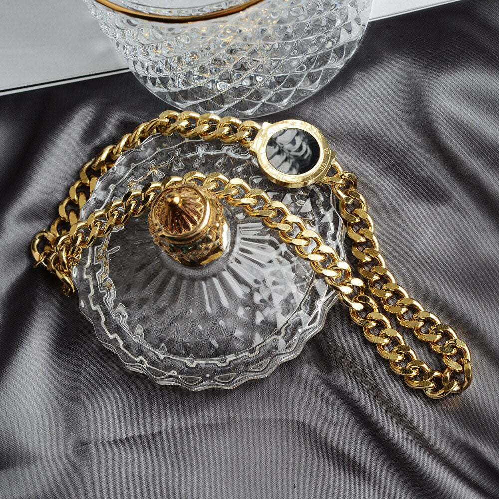 Titanium Steel Choker Roman Numerals Necklace Collar Statement Hip Hop  Chunky Gold Color Thick брелок для ключей Women Jewelry