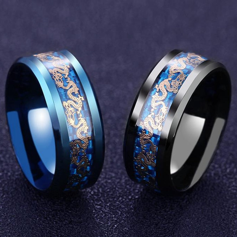 Titanium Steel Dragon Rings Black And Blue Man's Gifts Wedding Band Jewelry Size 6-12