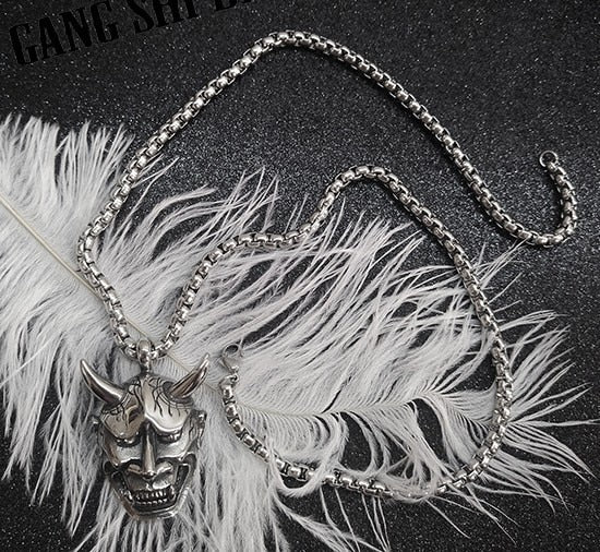 Titanium Steel Evil Oni Noh Hannya Mask Pendant Necklace with 24" Chain