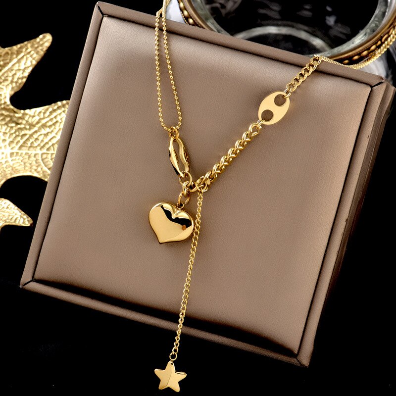 Titanium Steel Japanese And Korean Temperament Necklace For Women Light  Star Tassel Peach Heart Pendants Clavicle Chain