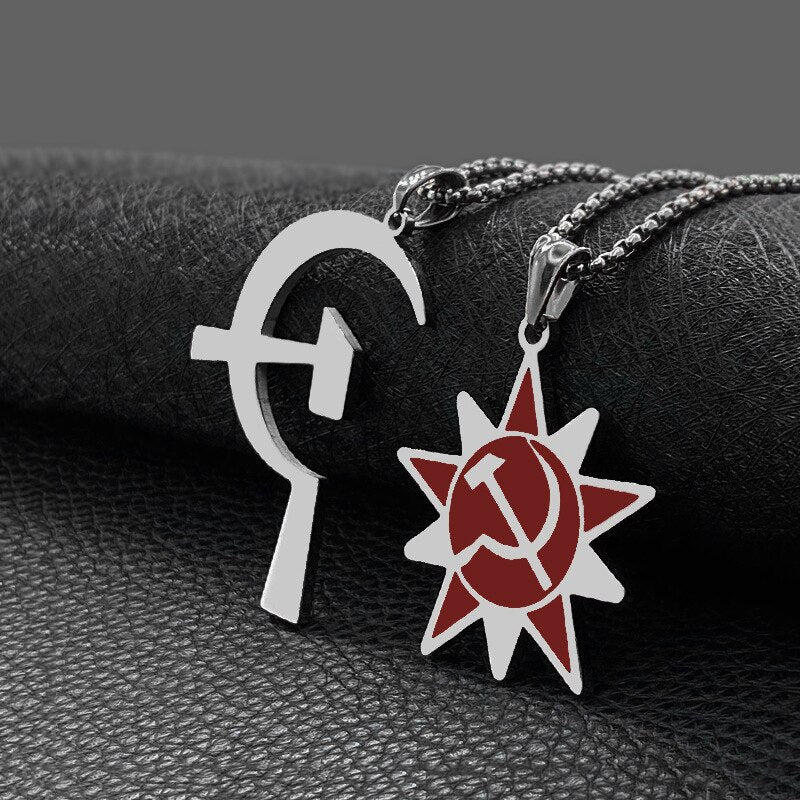 Titanium Steel Russia USSR Soviet Union Necklace Sickle Hammer Hipster Pendant Necklace Gift 55cm