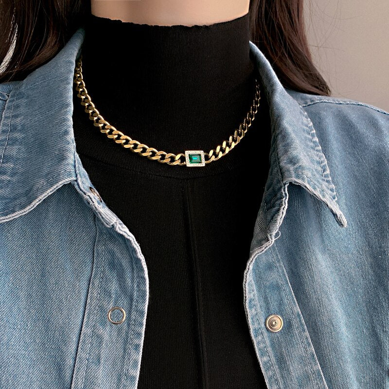 Titanium steel Punk Thick Short Choker Crystal Necklace Collar Simple Minimalist Gold Color Chunky Necklace for Women Jewelry