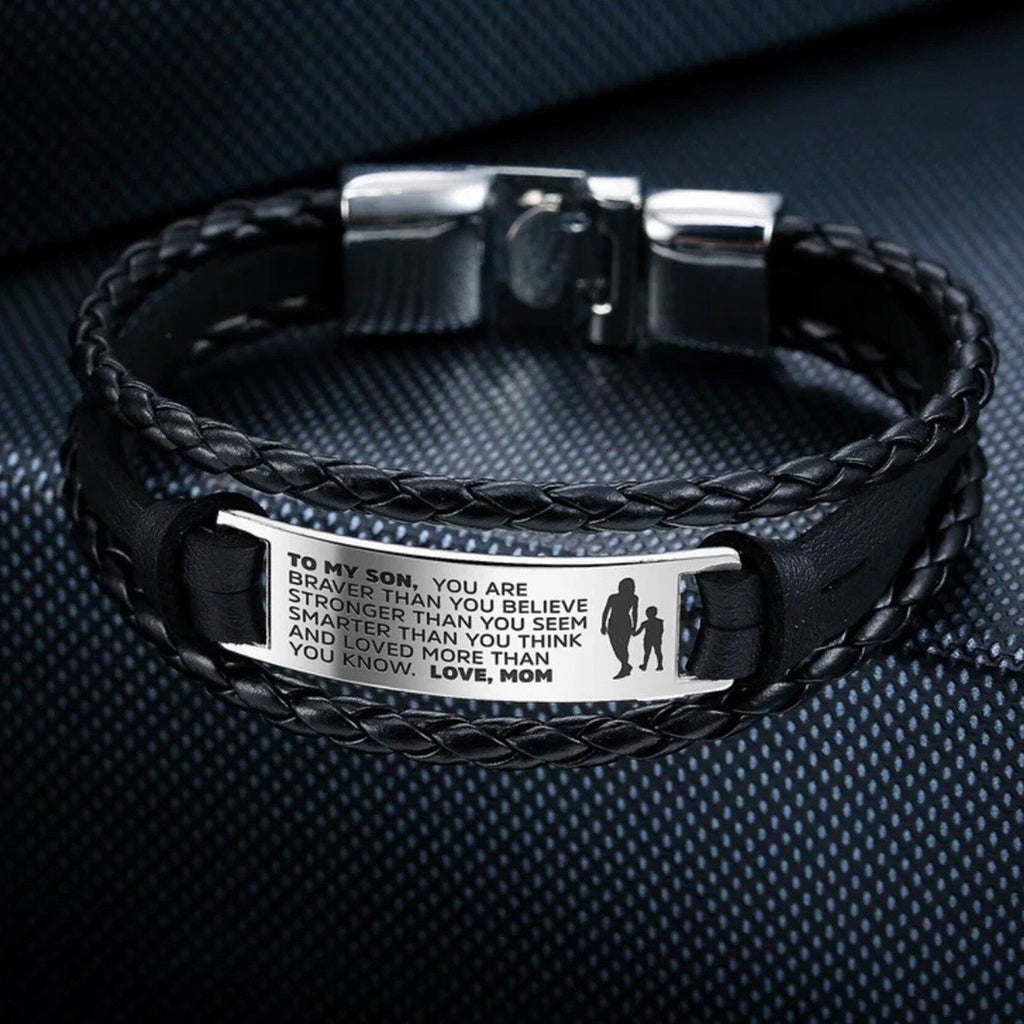 To My Son From Mom and Dad Hand-Woven Retro Multi-Color Engrave Name Leather Bracelet for Men Stainless Steel Bracelets Jewelry