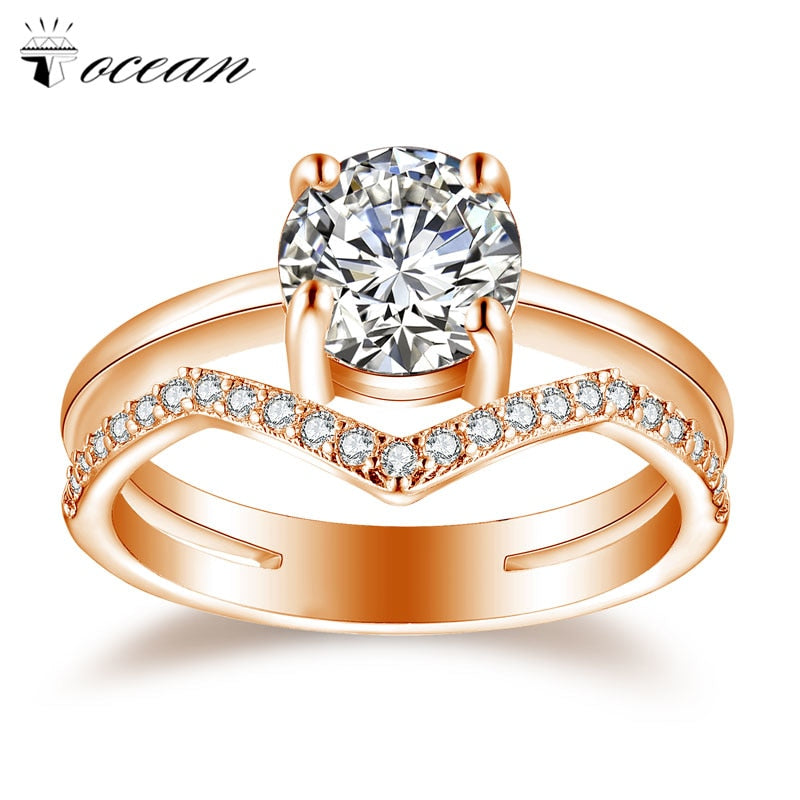 Rose Gold Color Wedding Rings for Women Round Cute Round Cubic AAA Zircon Engagement Femme Bijoux Bague Size 5-12 W007