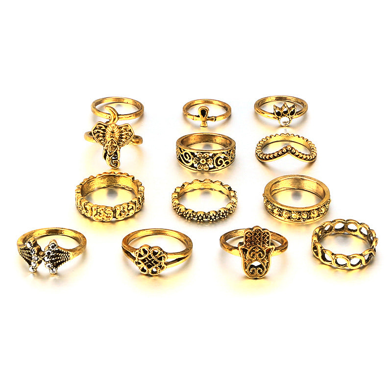 13pcs/Set Bohemia Elephant Crown Flower Crystal Rings Set Gold Silver Knuckle Finger Rings for Women Party Jewelry 4096