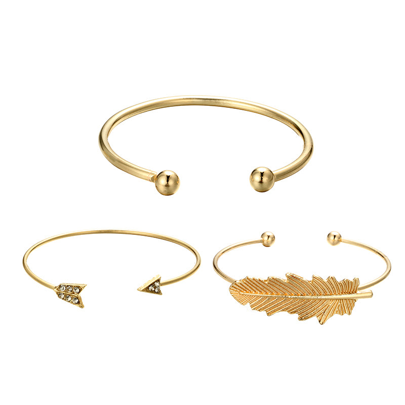 3 Pcs/Set Bohemian Opening Leaf Arrow Charm Bracelets set for Women Gold Alloy Bracelet Bangle Jewelry Accessories 4290