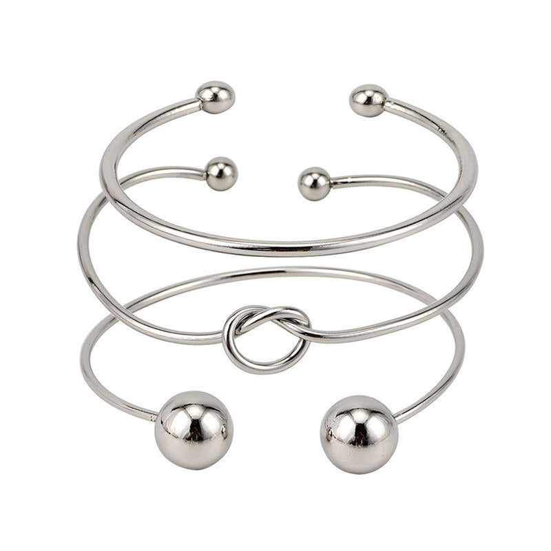3PCS/Set Boehmian Ball Knot Charm Opening Cuff Bracelets Set for Women Silver Alloy Bracelet Bangle Boho Jewelry 6136