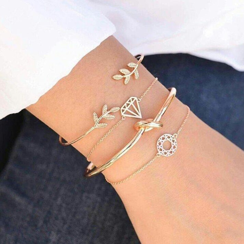 4PCS/Set Opening Leaf knot Charm Cuff Bracelets Set for Women Gold Alloy Bracelet Boho Jewelry Accessories 6115