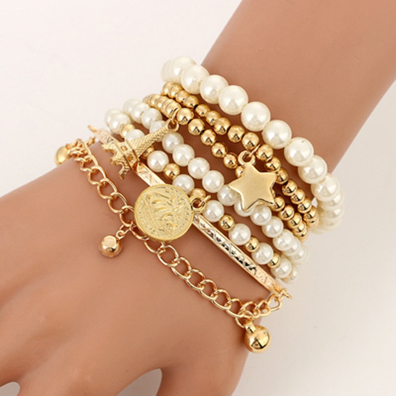 Tocona 6pcs/set  Gold Color Beads Pearl Star Multilayer Beaded Bracelets Set for Women Charm Party Jewelry Gift 5483