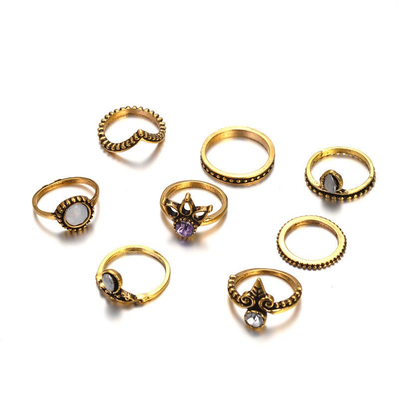 8pcs/Set Bohemia Antique Gold Silver Crystal Flower Crown Carved Rings Set Anillos Anel Ring for Women Party Jewelry 3886