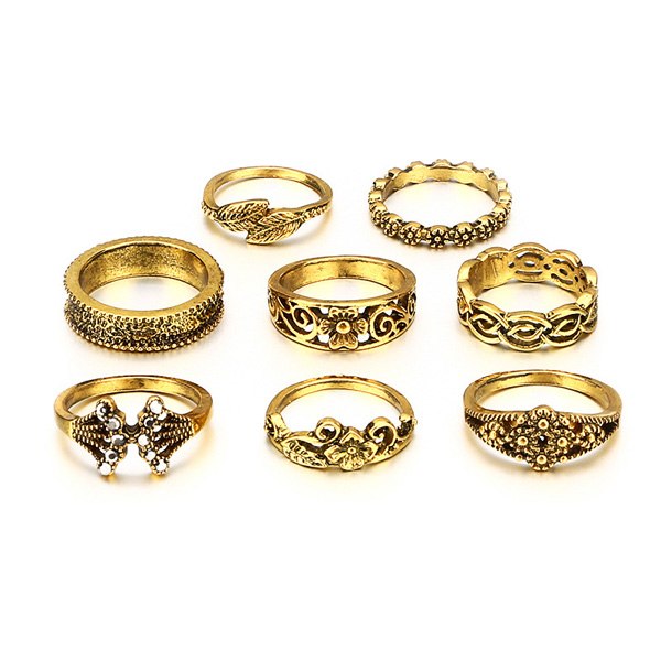 8pcs/Set Bohemia Elephant Flower Carved Rings Sets Gold Silver Knuckle Finger Rings for Women Party Jewelry 4093