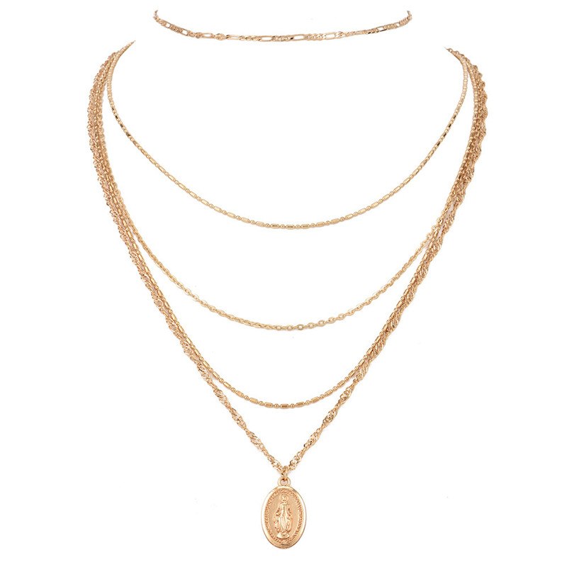 Bohemia Multi Layered Pendant Necklace Gold Color Madonna Statue Pendants Charming Link Chains Fashion Necklace 6139