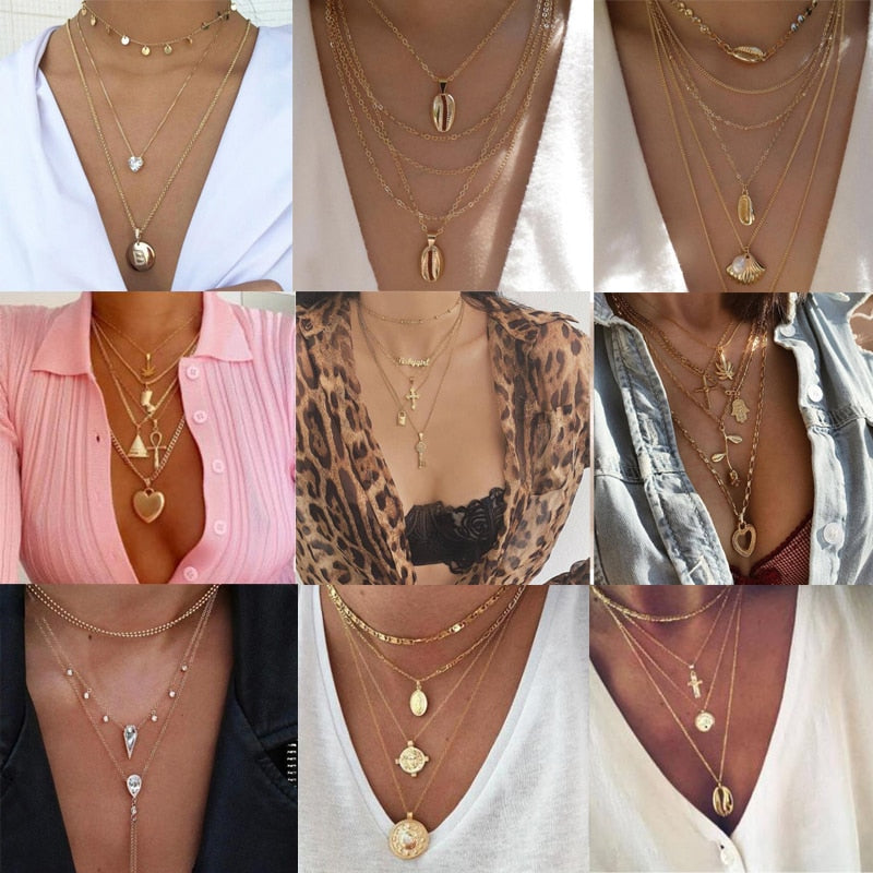 Tocona Bohemia Shell Pendant Necklace for Women Hollow Virgin Mary Cross Shell Moon Star Eyes Chain Choker Jewelry