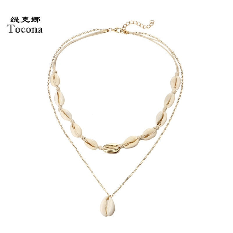 Tocona Bohemia Summer Shell Natural Stone Pendant Necklace for Women Gold Color Chain Chockers Minimalist Jewelry  2356