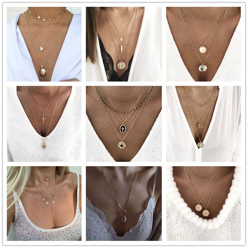 Tocona Charms Cross Moon Necklace Pendant Natural Crystal Stone Bohemian Shell Pineapple Heart Star Chain Chocker Women Jewelry