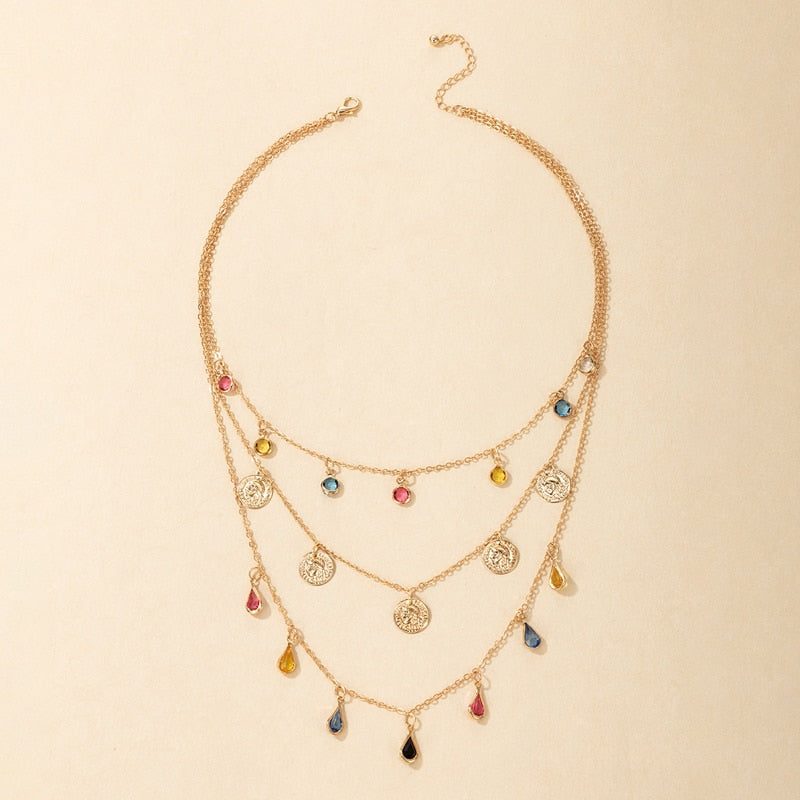 Tocona Colorful Crystal Stone Taasel Pendant Necklace for Women Charms Multi-layer Gold Alloy Metal Adjustable Jewelry 9950