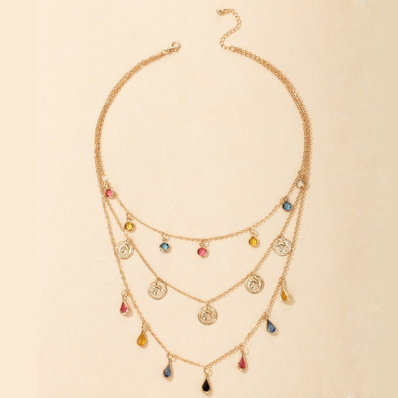 Tocona Colorful Crystal Stone Taasel Pendant Necklace for Women Charms Multi-layer Gold Alloy Metal Adjustable Jewelry 9950